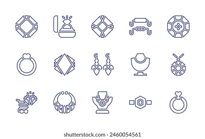 Schmucklinie-Icon-Set. Bearbeitbarer Strich. Vektorillustration. Enthalten Rubin, Diamantring, Schmuckgeschäft, Halskette, Saphir, Schmuck, Schmuck, Ring, Ägyptisch, Ohrringe.