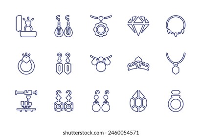 Jewelry line icon set. Editable stroke. Vector illustration. Containing diamond, ring, engagement ring, aquamarine, necklace, jewelry, earrings, tiara.