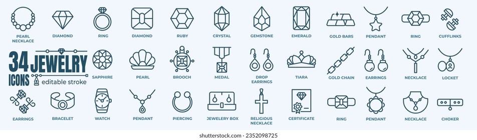 Jewelry line icon set. Included icons as gems, gemstones, jewel, accessories, ring and more.Outline icons collection. Simple vector illustration.