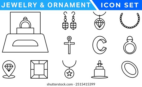 Conjunto de ícones de linha de joias. Incluído ícones como gemas, pedras preciosas, joia, acessórios, anel e muito mais.