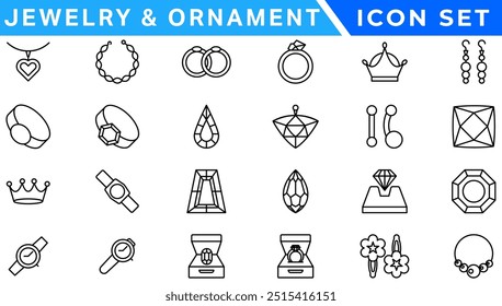 Conjunto de ícones de linha de joias. Incluído ícones como gemas, pedras preciosas, joia, acessórios, anel e muito mais.