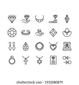 Jewelry line icon set. Includes such Icons as ring, bracelet, earrings, diamond, necklace and more. Outline vector icons for web design isolated on white background. Editable stroke.