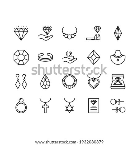 Jewelry line icon set. Includes such Icons as ring, bracelet, earrings, diamond, necklace and more. Outline vector icons for web design isolated on white background. Editable stroke.