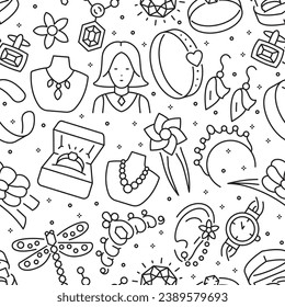 Jewelry line icons. Seamless pattern. Background of precious thing. Vector illustration.