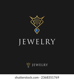 Jewelry logo in gold color. Blue sapphire pendant, necklace and luxury golden crown icon logo design