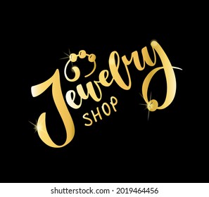 Jewelry logo gold design in modern style with hand drawn lettering, pearl bead, necklace isolated on the black background. Vector illustration for logo, business card, shop sign.