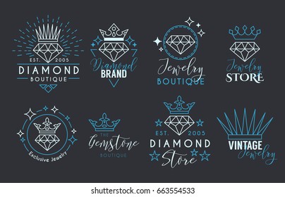 Jewelry Logo Set or Label Template for jewelry store, jeweler business card. Vector typography text design collection with line art diamond and crown