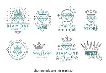 Jewelry Logo Set or Label Template for jewelry store, jeweler business card. Vector typography text design collection with line art diamond and crown