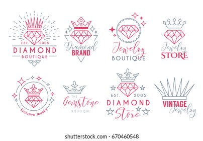 Jewelry Logo Set or Label Template for jewelry store, jeweler business card. Vector typography text design collection with line art diamond and crown