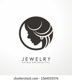 Jewelry logo symbol design with beautiful woman portrait and golden earring. Unique icon layout for beauty and fashion business. Vector illustration.