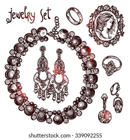 Jewelry and luxury accessories sketch icons set isolated vector illustration