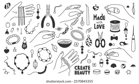 Jewelry Making and Beading Doodle Set. Handcraft outline design elements with hand holding bead charm finding supplies. Handmade bracelet equipment