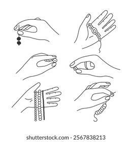 Jewelry Making Hands Set. Outline beadwork gestures. Line beading symbols. Fingers holding beads and findings. Vector Illustration