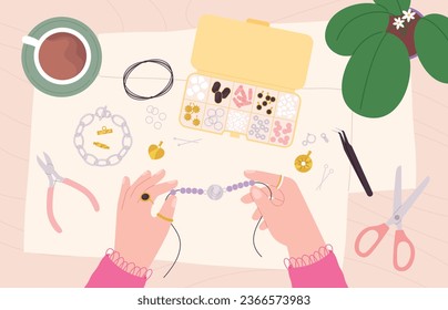 Jewelry making on workshop top view. Hands doing necklace or bracelet. Handicraft and handmade accessories, decorative fashion racy vector scene