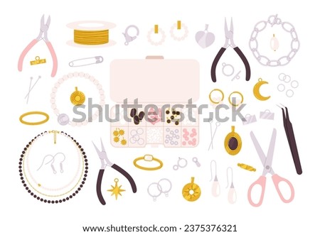Jewelry making tools and accessories. Creating necklace and bracelet, needlework and handcrafting. Beads, scissors and pins, racy vector workshop set