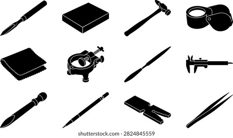 Jewelry making tools black icon set for gemology and goldsmith equipment vector illustration