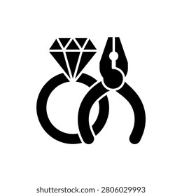 Jewelry making tools, diamond ring, goldsmith pliers on white background.