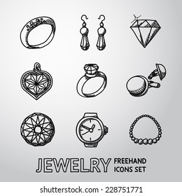 Jewelry monochrome freehand icons set with - rings, diamonds, watch, earrings, pendant, cuff links, necklace. Vector