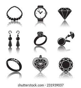 Jewelry monochrome icons set with reflections - rings, diamonds, watch, earings, pendant, cuff links, necklace. Vector