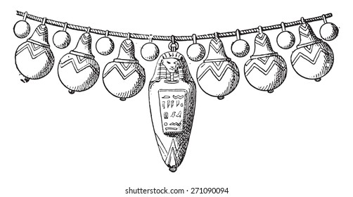 Jewelry mummies, vintage engraved illustration. 