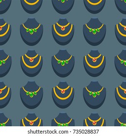 Jewelry necklace background seamless pattern precious diamond pearl jewel elegance gift accessory jewellery vector illustration.