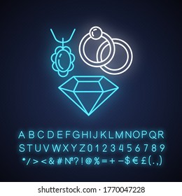 Jewelry neon light icon. Female luxury accessories. Elegant ring with precious gemstones. Outer glowing effect. Sign with alphabet, numbers and symbols. Vector isolated RGB color illustration