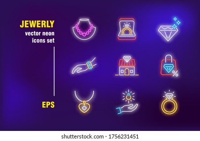 Jewelry neon signs set. Shiny gem, gemstone, treasure, necklace, diamond, ring, pendant. Night bright advertising. Vector illustration in neon style for store banners, posters, flyers design