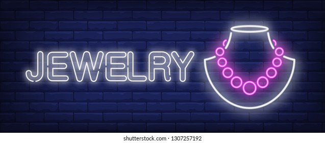 Jewelry neon text with necklace on dummy. Jewelry shop advertising design. Night bright neon sign, colorful billboard, light banner. Vector illustration in neon style.