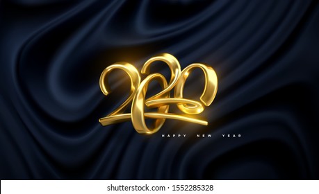 Jewelry numbers 2020. Holiday vector illustration. Golden metallic characters. Modern 3d calligraphy on black wavy silky fabric. Happy New 2020 Year. Festive banner or sign design. Abstract background