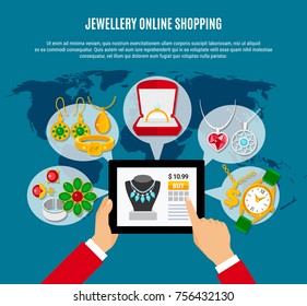 Jewelry online shopping composition with gadget in hands, female and male decorations on blue background vector illustration