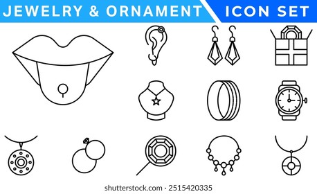 Jewelry and  Ornament icon set . Simple Set of Jewelry Related Vector Line Icons. outline icons related to jewelry, necklace. Linear icon collection. Editable stroke. Vector illustration