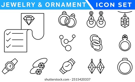 Jewelry and  Ornament icon set . Simple Set of Jewelry Related Vector Line Icons. outline icons related to jewelry, necklace. Linear icon collection. Editable stroke. Vector illustration