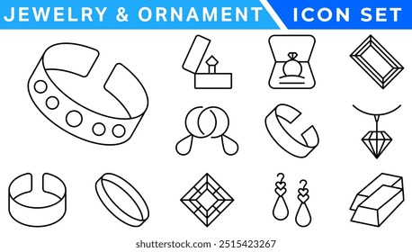 Jewelry and  Ornament icon set . Simple Set of Jewelry Related Vector Line Icons. outline icons related to jewelry, necklace. Linear icon collection. Editable stroke. Vector illustration