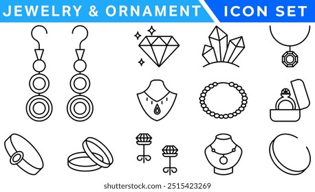 Jewelry and  Ornament icon set . Simple Set of Jewelry Related Vector Line Icons. outline icons related to jewelry, necklace. Linear icon collection. Editable stroke. Vector illustration