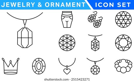 Jewelry and  Ornament icon set . Simple Set of Jewelry Related Vector Line Icons. outline icons related to jewelry, necklace. Linear icon collection. Editable stroke. Vector illustration