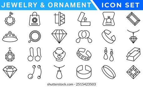 Jewelry and  Ornament icon set . Simple Set of Jewelry Related Vector Line Icons. outline icons related to jewelry, necklace. Linear icon collection. Editable stroke. Vector illustration