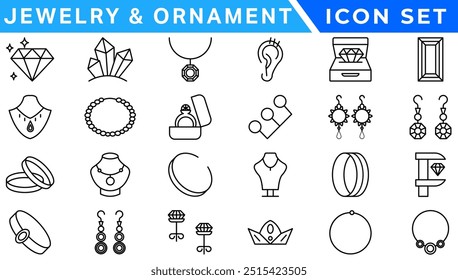 Jewelry and  Ornament icon set . Simple Set of Jewelry Related Vector Line Icons. outline icons related to jewelry, necklace. Linear icon collection. Editable stroke. Vector illustration