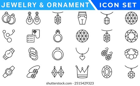 Jewelry and  Ornament icon set . Simple Set of Jewelry Related Vector Line Icons. outline icons related to jewelry, necklace. Linear icon collection. Editable stroke. Vector illustration