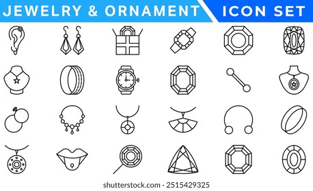 Jewelry and  Ornament icon set . Simple Set of Jewelry Related Vector Line Icons. outline icons related to jewelry, necklace. Linear icon collection. Editable stroke. Vector illustration