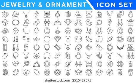 Jewelry and  Ornament icon set . Simple Set of Jewelry Related Vector Line Icons. outline icons related to jewelry, necklace. Linear icon collection. Editable stroke. Vector illustration