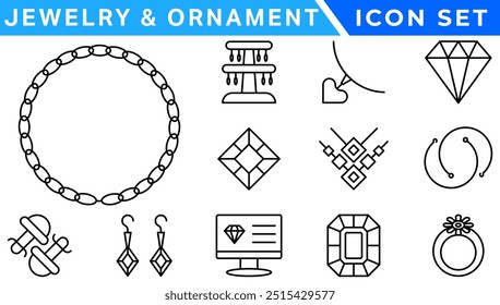 Jewelry and  Ornament icon set . Simple Set of Jewelry Related Vector Line Icons. outline icons related to jewelry, necklace. Linear icon collection. Editable stroke. Vector illustration