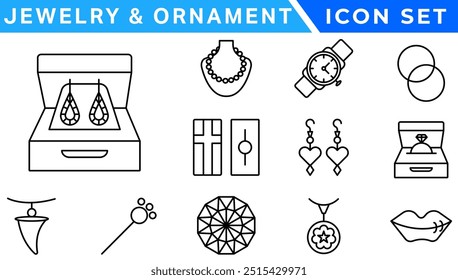 Joias   Conjunto de ícones do ornamento . Conjunto Simples de Joias Relacionados Ícones de Linha de Vetor. Contém ícones como Brincos, Cruzes de Corpo e Anéis de Compromisso. icon set . Conjunto simples de joias relacionado vetor