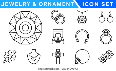 Joias   Conjunto de ícones do ornamento . Conjunto Simples de Joias Relacionados Ícones de Linha de Vetor. Contém ícones como Brincos, Cruzes de Corpo e Anéis de Compromisso. icon set . Conjunto simples de joias relacionado vetor