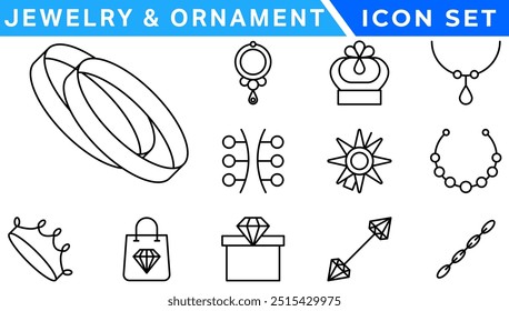 Jewelry   Ornament icon set . Simple Set of Jewelry Related Vector Line Icons. Contains such Icons as Earrings, Body Crosses, and Engagement rings. icon set . Simple Set of Jewelry Related Vector