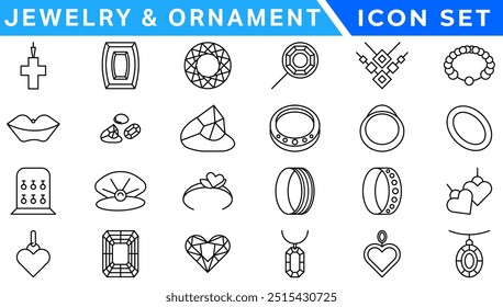 Jewelry   Ornament icon set . Simple Set of Jewelry Related Vector Line Icons. Contains such Icons as Earrings, Body Crosses, and Engagement rings. icon set . Simple Set of Jewelry Related Vector