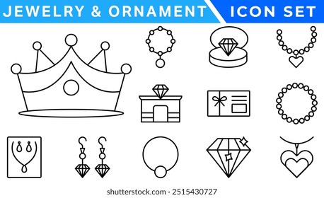 Joias   Conjunto de ícones do ornamento . Conjunto Simples de Joias Relacionados Ícones de Linha de Vetor. Contém ícones como Brincos, Cruzes de Corpo e Anéis de Compromisso. icon set . Conjunto simples de joias relacionado vetor