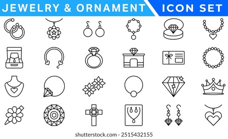 Joias   Conjunto de ícones do ornamento . Conjunto Simples de Joias Relacionados Ícones de Linha de Vetor. Contém ícones como Brincos, Cruzes de Corpo e Anéis de Compromisso. icon set . Conjunto simples de joias relacionado vetor