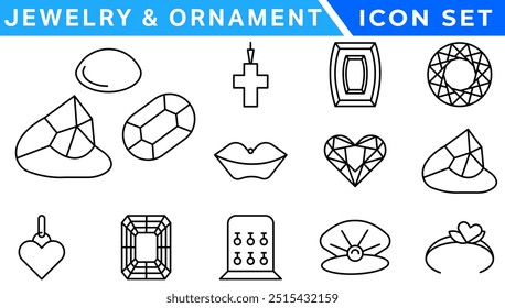 Jewelry   Ornament icon set . Simple Set of Jewelry Related Vector Line Icons. Contains such Icons as Earrings, Body Crosses, and Engagement rings. icon set . Simple Set of Jewelry Related Vector