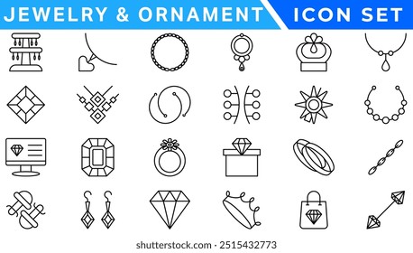 Jewelry   Ornament icon set . Simple Set of Jewelry Related Vector Line Icons. Contains such Icons as Earrings, Body Crosses, and Engagement rings. icon set . Simple Set of Jewelry Related Vector