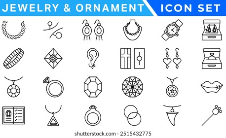 Jewelry   Ornament icon set . Simple Set of Jewelry Related Vector Line Icons. Contains such Icons as Earrings, Body Crosses, and Engagement rings. icon set . Simple Set of Jewelry Related Vector